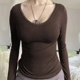 IFOMT Women Y2k Chic Long Sleeve Bow Shirt Top Cute Lace Trim Solid Square Neck Crop Tee Top Slim Fit Pullovers Tops Grunge Streetwear