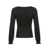 IFOMT Women Y2k Lace Trim Fairy Aesthetic Shirt Sexy Black Scoop Neck Long Sleeves Slim Fit Top 2000s Vintage Clothings Streetwear