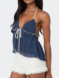 IFOMT Women Sexy Halter Tie-up Vest Tops Y2k Texture Ruffle Patchwork Sleeveless Backless Open Front Tie-up Split Camisoles Streetwear