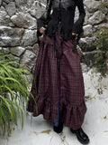 Ifomt Plaid Long Skirt Womens Maxi Skirt 2023 Goth Lolita Low Waist Ladies Front Zip Ruffle Pleated Skirts rok