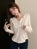 IFOMT Korean Style Slim Crop Hoodies Women Pullovers Kpop Solid Hooded Sweatshirt White Long Sleeve Tops 2024 Autumn Fashion