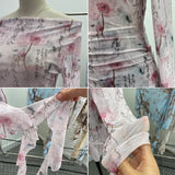 IFOMT Women Retro Ink Print Tie Dye See Through Mesh Long Sleeve Top Sexy One Shoulder Irregular Ruffled Top Y2k PartyClub StreetWear