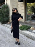 IFOMT Ribbed Knit 2 Piece Dress Set Outfits Ladies  Knitwear Top And Midi Skirt Sets For Women Casual Winter Sweater Sets 2023
