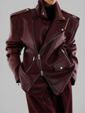 IFOMT Vintage Red Irregular Zipper Pu Leather Jacket For Women Lapel Buttons Patchwork Long Sleeve Coat Autumn Winter Female Outwear