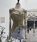 IFOMT Women Raw Edge Denim Spliced Tie-Dye Mesh Irregular T-Shirt Vintage Sexy See Throgh Top Y2K Top Casual Holiday Club Streetwear
