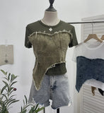 IFOMT Women Vintage Sexy See Throgh Top Y2K Top Washed Raw Edge Denim Pacthwork Mesh Short Sleeve Shirt Casual Holiday Club Streetwear
