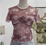 IFOMT Retro Print Short Sleeve T-Shirt Hot Girl Tie Dye Mesh Three-dimensional Flower Pleated Cropped Top See Through Summer Tees y2k
