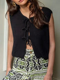 IFOMT Women Tie Front Cardigan Vest Top Y2k Crochet Vest Sleeveless Casual Knit Open Front Top Going Out Top Streetwear