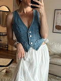 IFOMT Women Denim Vests Casual Summer V Neck Button Front Sleeveless Tank Tops Y2k Aesthetic Jean Jacket Waistcoat Streetwear