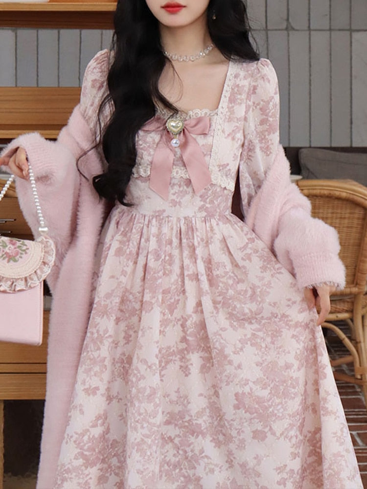 Ifomt Pink Floral Print Dress Women Elegant Square Collar Puff Sleeve Dress Female French Style Vintage Kawaii Lace Bow Long Dresses