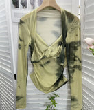 IFOMT Retro Tie Dye Print Halter Neck Bottoming Long Sleeve Top Sexy Hot Girl V Neck Pleated T-shirt Slim Mesh Y2K Top Essential 8929