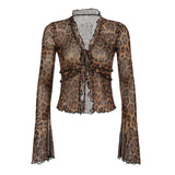 IFOMT Women's Leopard Print Sexy Mesh See Through Shirt Y2K Women Long Sleeve Slim Lace Cardigan Blouse Summer Party Club Casual Tees