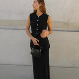 IFOMT Summer Fashion Knitted Skirt Suit Sleeveless Vest Pocket Slit High Waist Long Skirt Elegant White Ribbed Knitwear Outfits