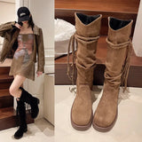 IFOMT Women Suede Knee High Boots New Fashion Tassels Western Cowboy Boots Round Toe High Heels Shoes Roman Female Long Boots