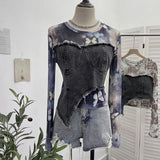 IFOMT Women Raw Edge Denim Spliced Tie-Dye Mesh Irregular T-Shirt Vintage Sexy See Throgh Top Y2K Top Casual Holiday Club Streetwear