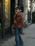 IFOMT 2024 Winter Thickened Spliced Furry Leather Short Jacket Fashion Single Breasted Brown With Pocket Coat Female High Streetwear