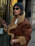 IFOMT 2024 Winter Thickened Spliced Furry Leather Short Jacket Fashion Single Breasted Brown With Pocket Coat Female High Streetwear