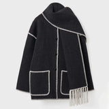 IFOMT Tassel Splice Coats For Women Fashion Long Sleeve Pocket Coat With Scarf Autumn Winter Street Elegant Warm Lady Jacket