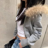 IFOMT American Style Long Sleeve Gray Sweatshirts Detachable Fur Collar Hooded Cardigan 2024 Autumn New Sweater Jacket for Women