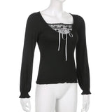 IFOMT Women Y2k Lace Trim Fairy Aesthetic Shirt Sexy Black Scoop Neck Long Sleeves Slim Fit Top 2000s Vintage Clothings Streetwear