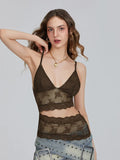 IFOMT Women Y2K Floral Lace Cami Top Spaghetti Strap Camisoles V Neck Backless Cami Crop Tops Sexy Cutout Mesh Sheer Tops Clubwear