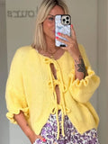 IFOMT Lace Up Knitted Cardigan Top For Women Sexy Cut Out Petal Sleeves Loose Sweater Outwear Female Solid Color Autumn Fashion