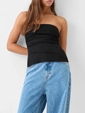 IFOMT y2k Crop Solid Tube Tops for Women Sexy Strapless Side Ruched Split Off Shoulder Backless Sleeveless Shirt Summer Bandeau Tops