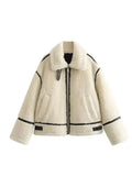 IFOMT Fashion Pu Leather Patchwork Lamb Wool Jacket Women Casual Long Sleeves Zipper Loose Short Coat 2024 New Female High Streetwear