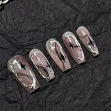 IFOMT 10pcs Black Press on Nails Medium Coffin Sliver Swirl Y2k Fake Nails with Glue Acrylic False Nails Press Ons Full Cover Nail Tip