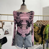 IFOMT Women's Retro Tie Dye Print T-shirt Sexy One Shoulder Lapel Pleated Mesh Long-sleeved Short Bottoming Top Streetwear 8978 Outfit