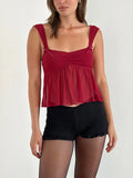 IFOMT Ruffle Hem Cami Top for Women Y2k Ruched Front Cute Bow Semi Sheer Mesh Backless Flowy Tank Top Coquette Streetwear