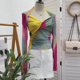 IFOMT Retro Tie Dye Print Halter Neck Bottoming Long Sleeve Top Sexy Hot Girl V Neck Pleated T-shirt Slim Mesh Y2K Top Essential 8929