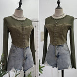 IFOMT Retro Raw Edge Denim Lace Up Pacthwork Mesh Long Sleeve Shirt Women Sexy See Through Top Y2k Shirt Holiday Club Streetwear 2638