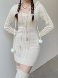 IFOMT Hooded Knitted Sweater Hairball Mini Dress