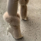 IFOMT Pointed Toe Fur Mid Calf Boots Stiletto Heels Ankle Straps Fashion Warm Shoes In Winter Solid Plush Sexy Party Dress Shoes