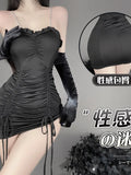 IFOMT Fashion Sexy Mini Dress Underwear Sexy Drawstring Strap Wrap Hip Short Dress Elegant Irregular Dresses 2024 New Tops Sweet F492