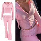 IFOMT Women Spring Outfits Casual Zipper Sweater Hoodie Set High Waist Flare Pants Suits Pink Knitted Womens Y2k Two Piece Set