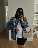 IFOMT 2024 Blue Printed Patchwork Short Coat Women  O-neck Long Sleeves With Pockets Cropped Jackets Autumn Female Chic Streetwear