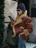 IFOMT 2024 Winter Thickened Spliced Furry Leather Short Jacket Fashion Single Breasted Brown With Pocket Coat Female High Streetwear