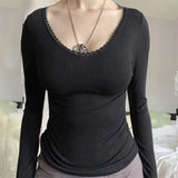 IFOMT Women Y2k Chic Long Sleeve Bow Shirt Top Cute Lace Trim Solid Square Neck Crop Tee Top Slim Fit Pullovers Tops Grunge Streetwear