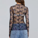 IFOMT Chic Sheer Tops for Women Long Sleeve Mock Neck Lace Mesh Top Sexy See Through Floral Tee Shirt Layering Blouse Y2k Streetwear