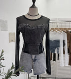 IFOMT Women Street Raw Edge Denim Spliced Solid Mesh Long SLeeve T-Shirt Chic Sexy See Throgh Top Irregular Y2K Top Casual Holiday2633
