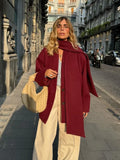 IFOMT Women's Burgundy Scarf Collar Short Woolen Coats Elegant Single Breasted With Pockets Jackets With New Female Street Outerwear