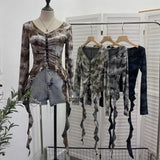 IFOMT Wasteland Style Distressed Tie Dye Top Women's V-neck Irregular Ribbon Long Sleeve Short T-shirt Daily Holiday Club Streetwear