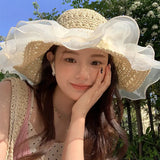 IFOMT Summer Lace Pearl Straw Hat for Women Children Korea Cute Large Brim Sun Hat Sweet Sunscreen Casual Cap Holiday Beach Cap