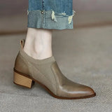 IFOMT  Autumn New Soft Work Shoes,Women Mid Heels,Stretch,Pointed Toe,Slip On,Brown,Khaki,British Style,35-40,Dropship