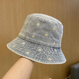 IFOMT Spring Denim Cartoon Flower Embroidery Bucket Hat Fisherman Hat Outdoor Travel Sun Cap For Girl And Women