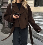IFOMT Fashion Double Breasted Wool Coat Office Lady Lapel Brown Retro Short Jackets Loose Solid 2024 Fall Winter Female Outwear
