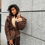 IFOMT Vintage Elegant Irregular Hem Plush Lapel Coats Lace Up Brown Patchwork Coats Women Pockets Loose Jacket With Belt 2024 Outwear