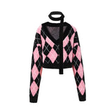 IFOMT American Sweet Black Pink Argyle V-neck Pullovers Autumn Winter New Sweaters Mujer Y2k Long Sleeve Loose Knitted Tops Women